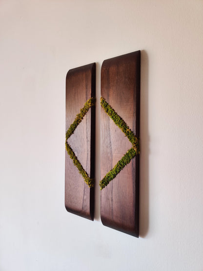 Decoración de pared en madera con musgo